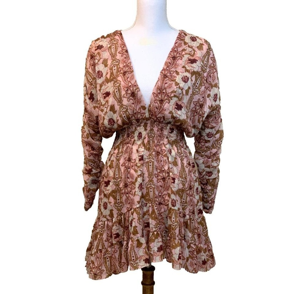 MISA Chiara Pink Floral Metallic Mini Dress Small Romantic Bohemian Coquette